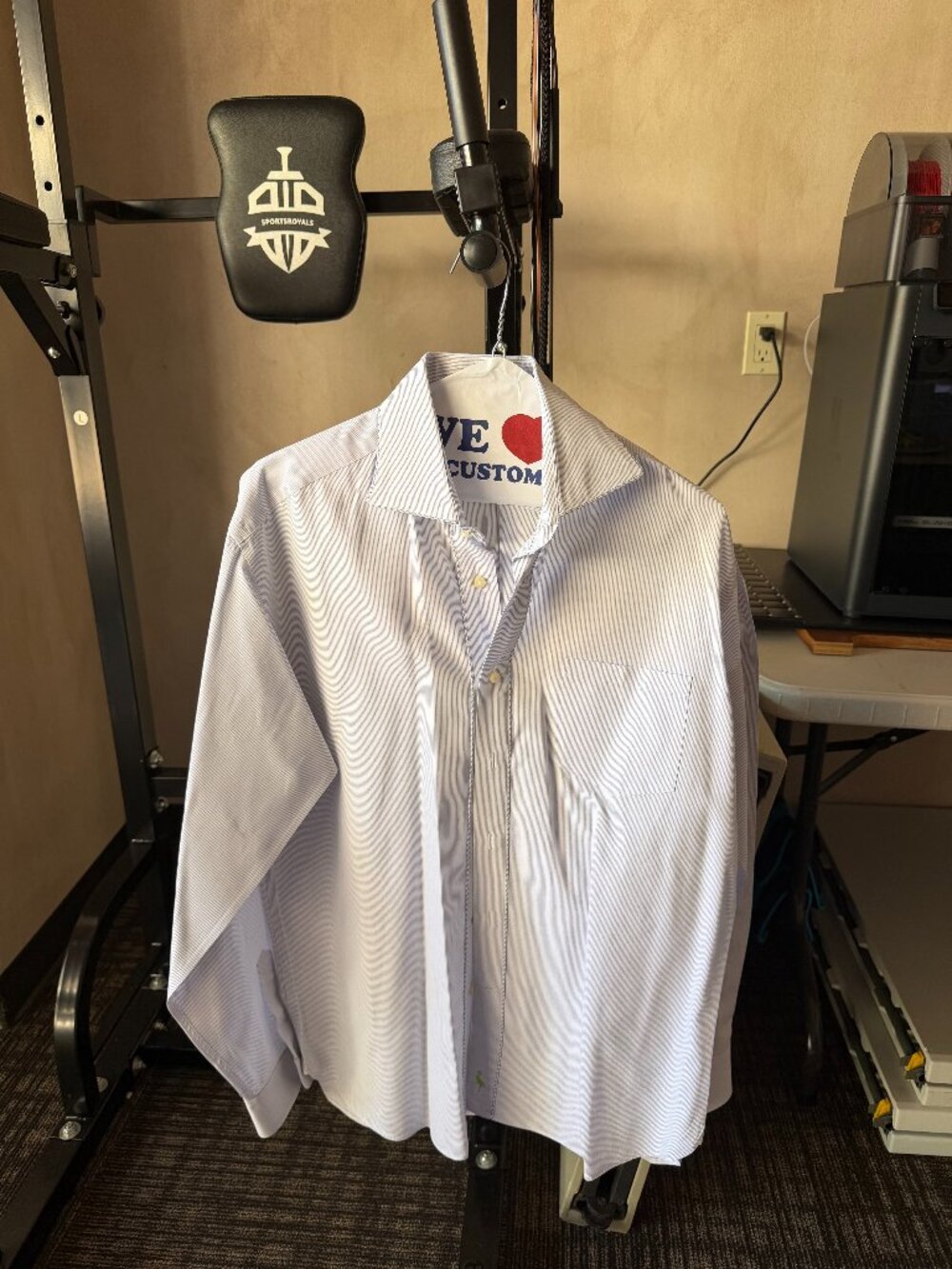 TailorByrd Men’s White Light Blue Fine-Stripe Button-Up Shirt L